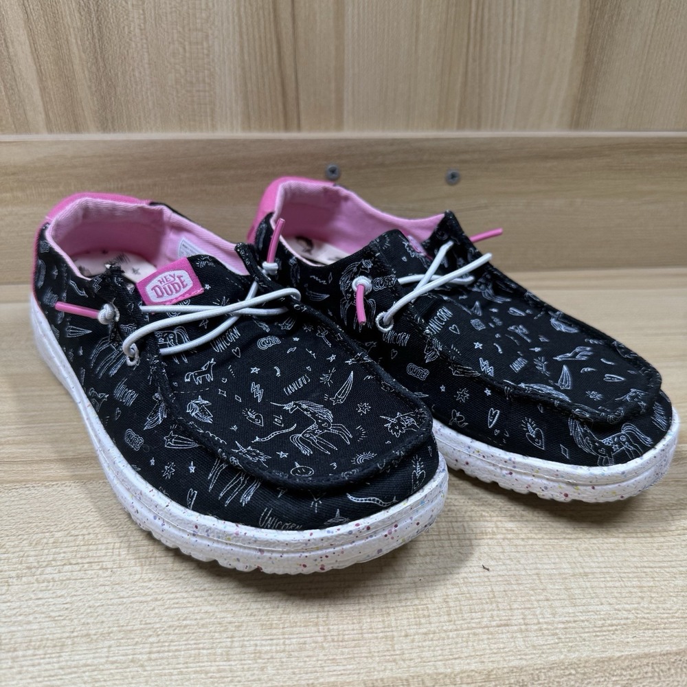 Hey Dude Wendy Youth Unicorn Slip on Loafers Low Top Shoes Black Girls Sz Y4